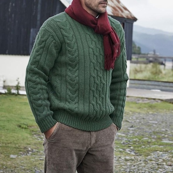 Kelly Green Samuel Windsor‎ Fisherman’s Cable Knit 💯% Wool Sweater Mens Size L - Picture 1 of 14